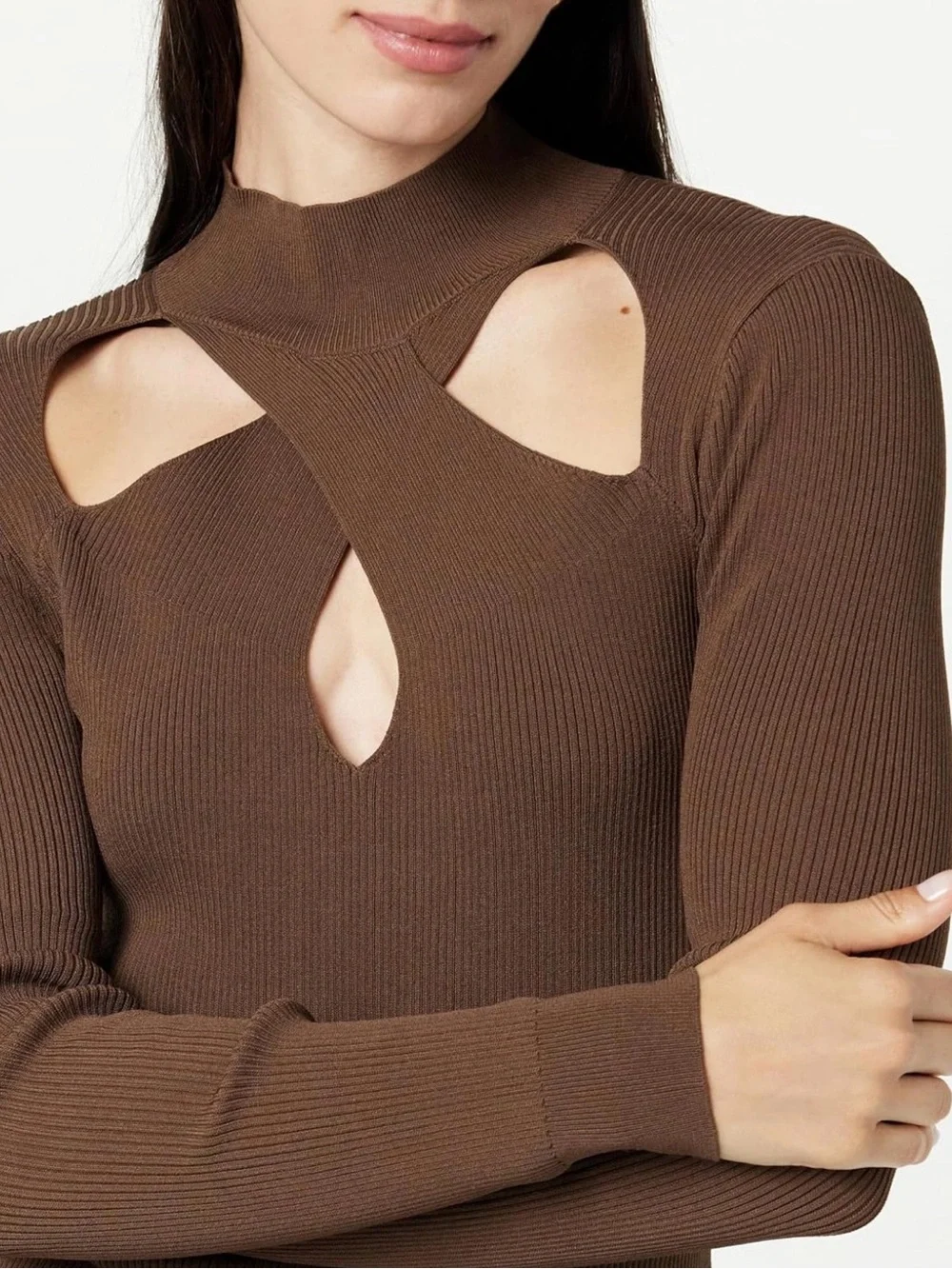 The Drop Ribbed Cutout Sweater Mock Neck Coffee Brown NWT Small Dark Academia - Picture 3 of 6
